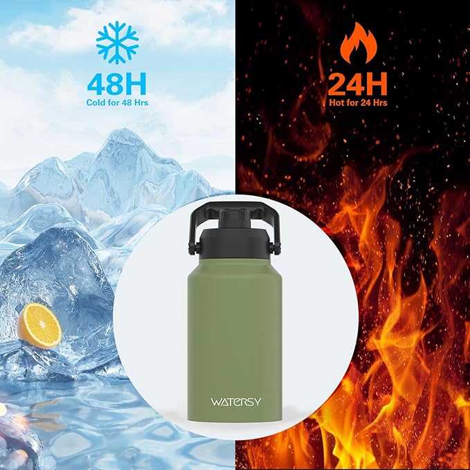 2/3 Gallon Water Bottle Insulated(Cold for 48 Hrs),BPA Free&Leak Proof,87oz Stainless Steel Water Jug/Flask,Big thermo,Large Water Bottle with Handle for Gym,Hiking,Camping,Olive Green