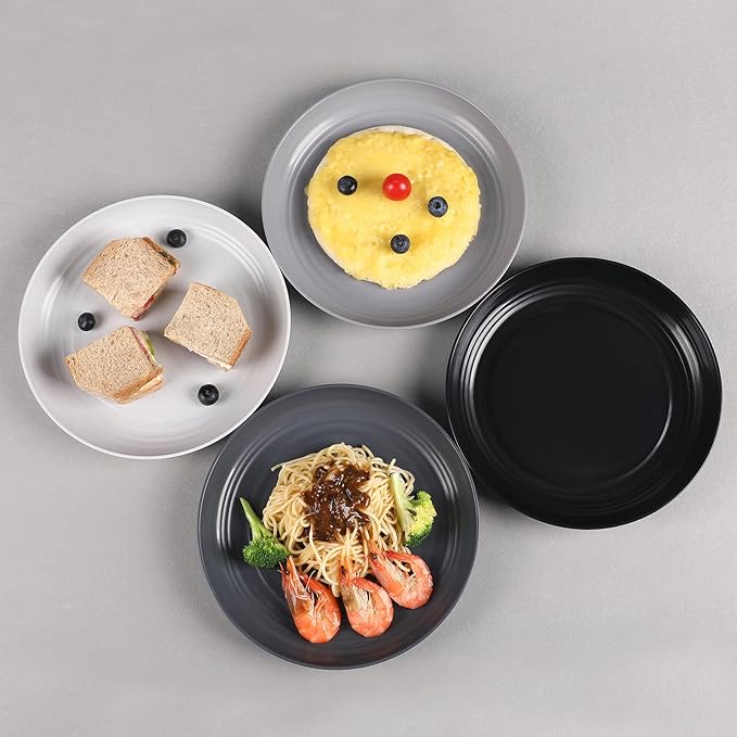 12 Pcs Unbreakable Deep Dinner Plates Set, 10 inch Reusable Plastic Wheat Straw Plates, Microwave and Dishwasher Safe Plate for Kitchen, Lightweight Plate for Dessert, BPA Free, White Gray