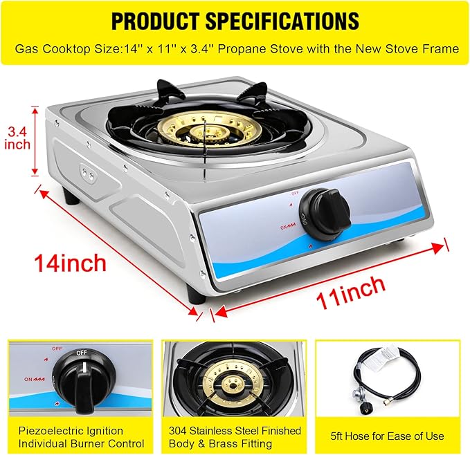 Propane Gas Cooktop,Single Burner Gas Stove Stainless Steel Portable Gas Stove,Auto Ignition Camping Single Burner LPGfor RV, Apartments, Outdoor