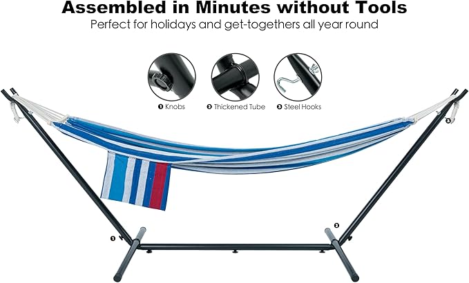 Double Hammock with Stand for Outside, Upgraded Spreader Bar, Heavy Duty Space Saving Steel Stand 2 Person, Convenient Pocket, Easy Assembly, 600lbs Weight Capacity, Indoor & Outdoor (Rider)