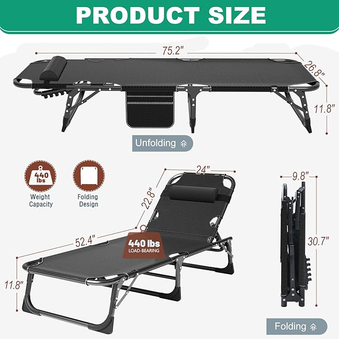 Portable Folding Camping Cot, Adjustable 4-Position Adults Reclining Chaise with Pillow, Outdoor Lounge Chair Sleeping Cots Bed, Perfect for Camping, Pool, Beach, Patio