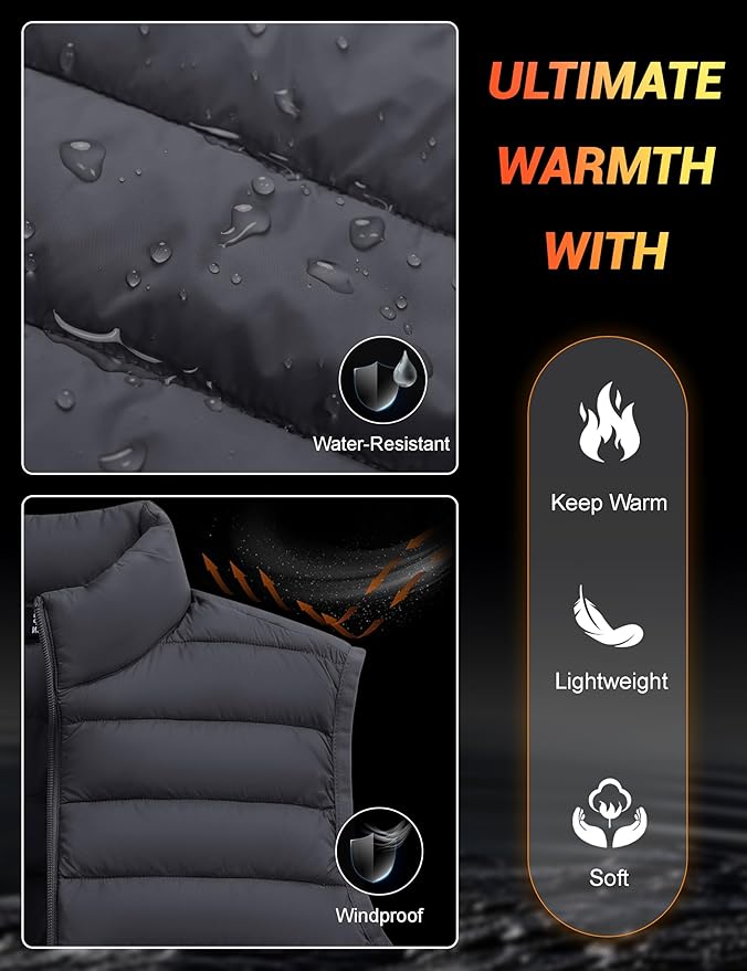 Cotrasen Men's Puffer Lightweight Vest Packable Outerwear Vest Warm Winter Outdoor Sleeveless Jacket for Travel Running