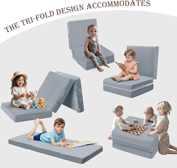 MeMoreCool Foldable Floor Mattress for Kids, Toddler Floor Nap Mat for Sleeping Daycare, Small Child Foldable Mattress Floor Bed, Trifold Futon Portable Tri Folding Mattress, Grey 63x26 Inch