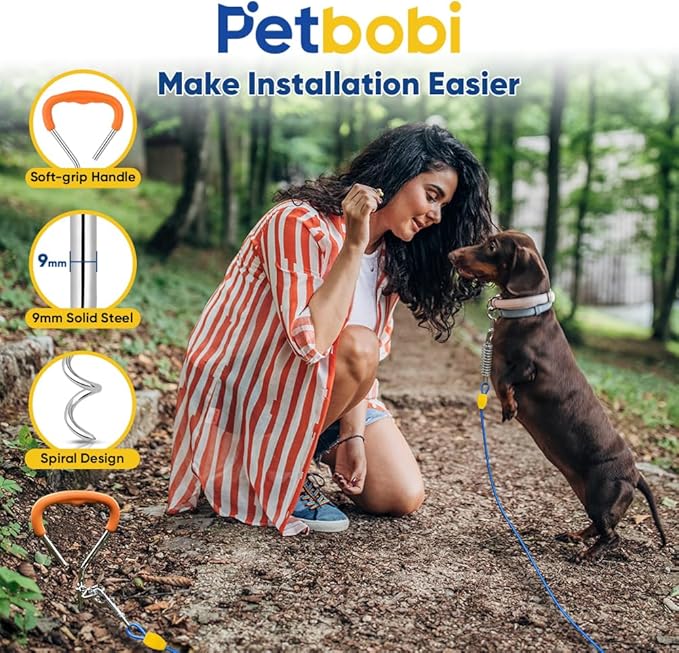 Petbobi Dog Tie-Out Cable and Stake - 10ft Heavy Duty Cable with Spring, No Tangle, 16in Ground Stake, Ideal for Yard, Camping and Beach, Suitable for Small Medium Large Dogs Up to 120 lbs, Blue