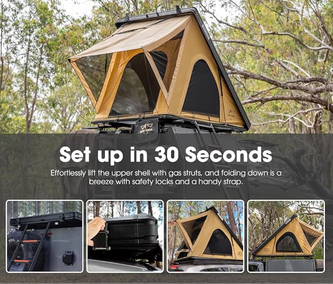 Sanhima Rooftop Tent Hard Shell - Hotham Lite Overland Aluminium Roof Top Tent 4.56" Slimline, w/Tri-Color LED Strip Light & 1.97” Thick Mattress, for Car SUV Truck Camping, 2-3 People