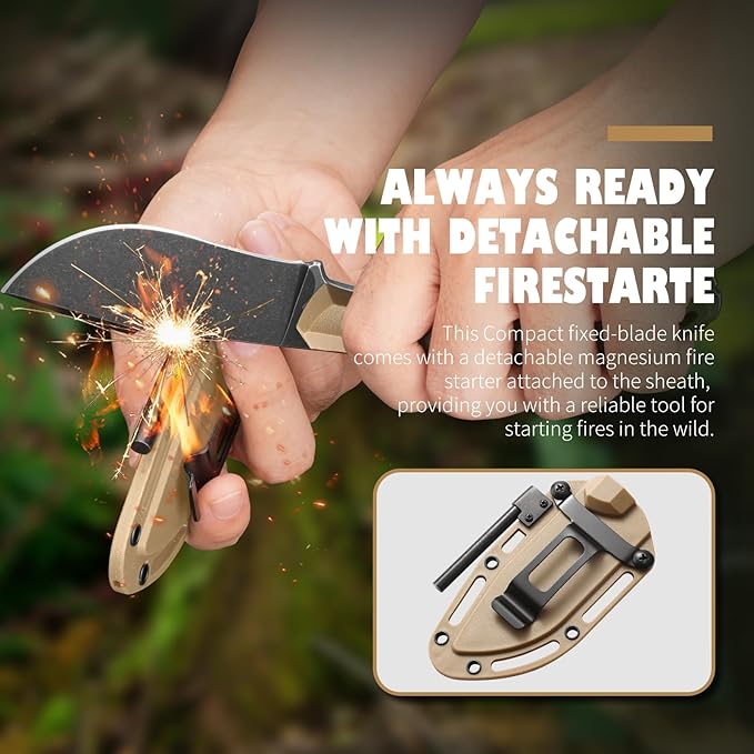 Survival Knife with Fire Starter L-Y, 7.68" Full Tang Small Fixed Blade Knife with Belt Clip, Khaki + Stonewashed Black