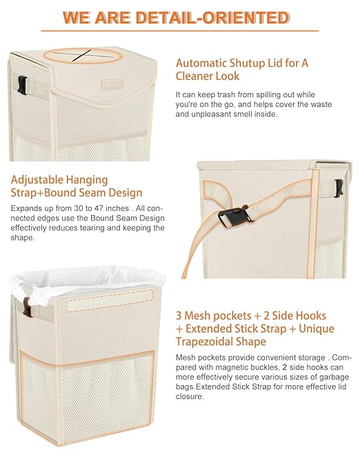 Car Trash Can with Lid, Cute Leakproof Car Trash Garbage Bag Hanging Vehicle Trash Bin Small Portable Automotive Garbage Cans Organizer for Back/Front Seat/Console(2.8 Gallons,Beige