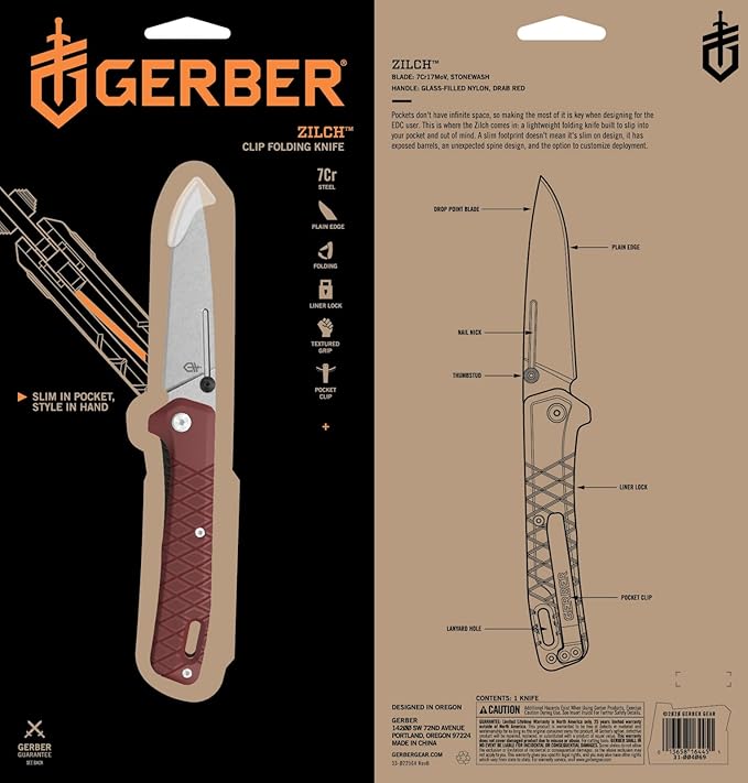 Gerber Gear Zilch Folding Pocket Knife, 3.1 Inch Plain Edge Blade, Drab Red