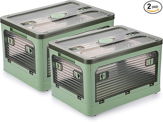 2 Pack Plastic 4 Doors Collapsible Storage Bins with Lid & Wheels, 36 Liters Folding Storage Bins, Stackable Multifunctional Box for Camping Clothes Snack Storage