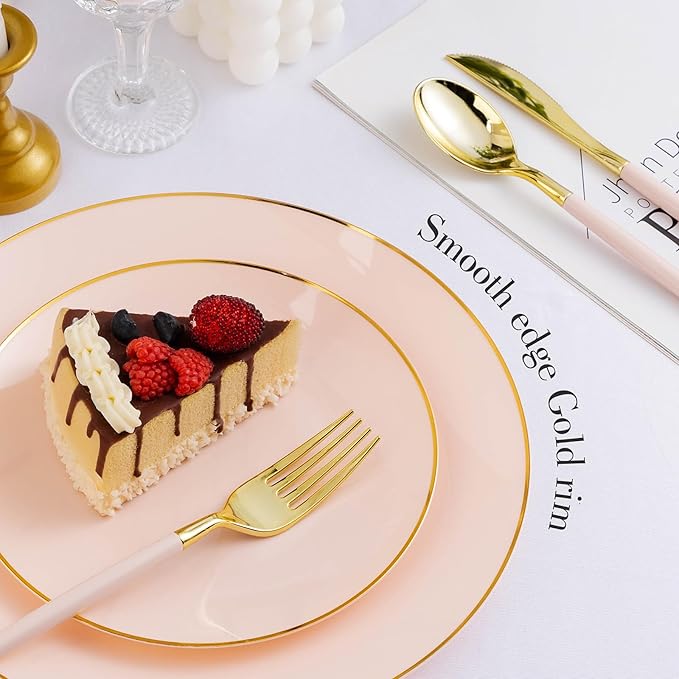 100PCS Pink Gold Plastic Plates, Pink Disposable Plates for Party, Wedding and Graduation, Include 50 Dinner Plates, 50 Dessert Plates for 50 Guests