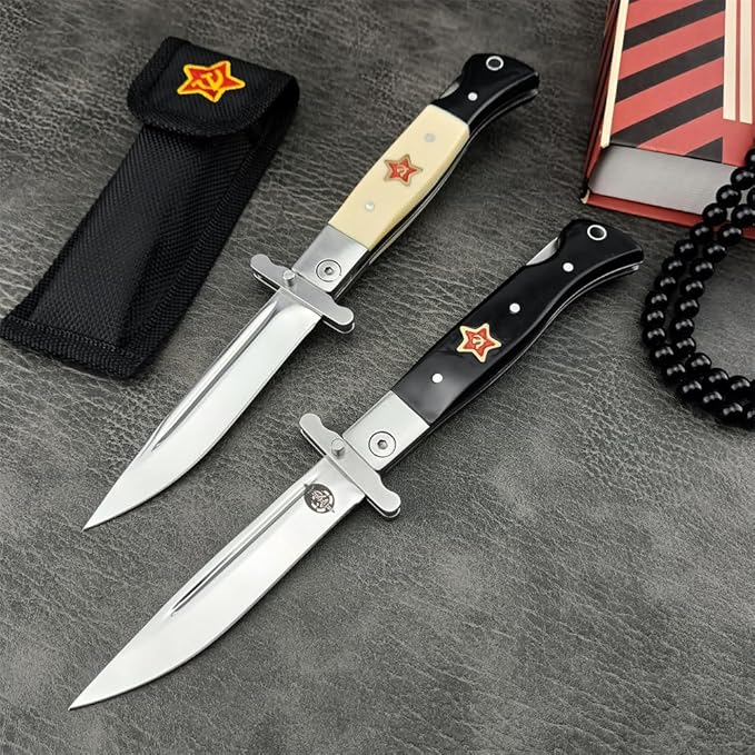 Finka-NKVD KGB Folding Pocket Knife,3.66" Mirror Polished 440C Blade and ABS Handle,Nylon Sheath,Assisted Opening Flipper Knife with Lockback, EDC for Camping Hunting Survival (Ivory white)