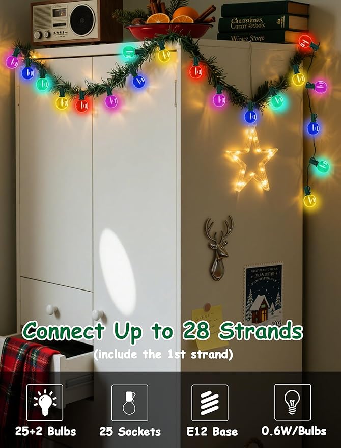 50Ft Multicolor Christmas Decorations Lights G40 Globe Outdoor String Light with 27 Shatterproof Colorful Bulbs, Hanging Patio Lights Waterproof for Backyard Porch Balcony Wedding Party Roofline-Green