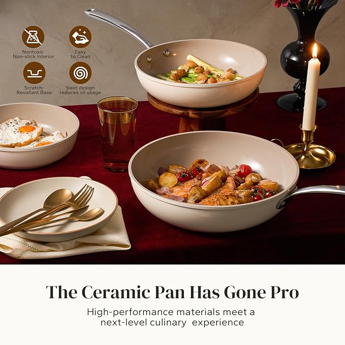 Redchef Ceramic Deep Saute Pan with Lid, Large Jumbo Cooker 3.5QT, 11" Frying Pan Nonstick with Stay Cool Handle, Non Toxic Cooking Skillet, Kitchen, Induction Dishwasher Safe, PFOA & PFAS Free(Beige)