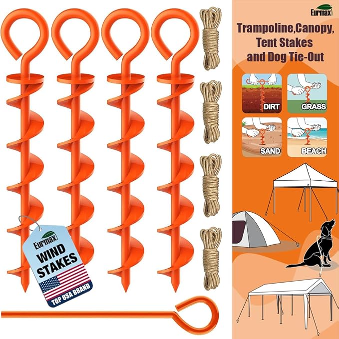 Eurmax USA Canopy Tent Stakes Dog Tie Out Stakes Corkscrew Shape Steel Trampoline Stakes with Iron Rod Installation Tool & 4 Wind Ropes - Set of 4 (Orange)