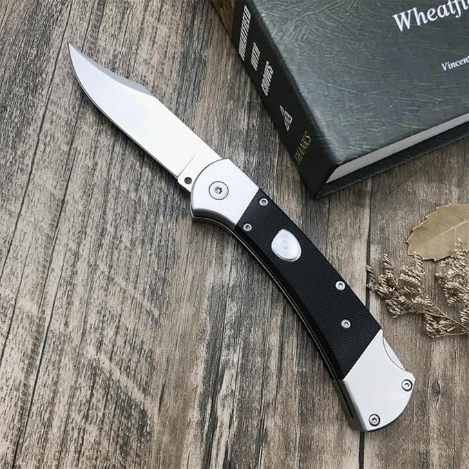 push button assisted opening Folding Knife,440C Stainless Steel Blade, Backlock G10 Handle with Leather Sheath, EDC Pocket Knives for Men (Black)