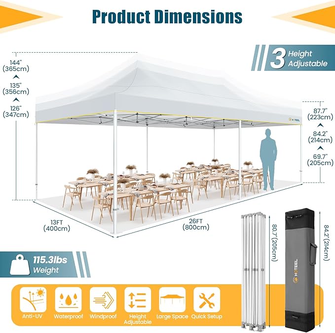 HOTEEL 13x26 Heavy Duty Pop Up Canopy Tent for Parties Event Wedding Commercial Instant Gazebo with Roller Bag, Party Tent Waterproof UV 50+&Windproof, Upgraded Thick Hexagonal Legs, White