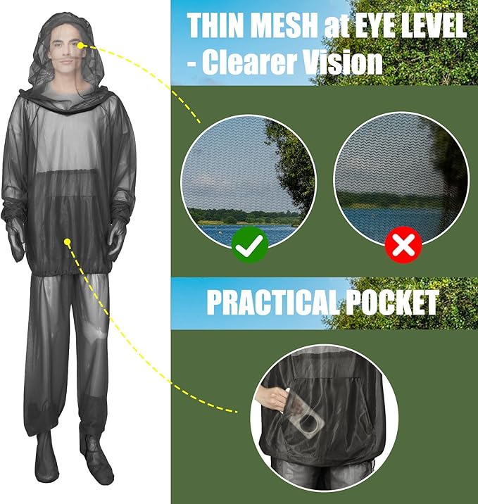 HOMEYA Net Suit XXL, Netting with Jacket Hoodie & Pants, Mittens & Socks, Lightweight Fine Mesh Full Body Clothing for Men & Women, for Camping, Hunting, Hiking, Fishing with Free Carry Pouch