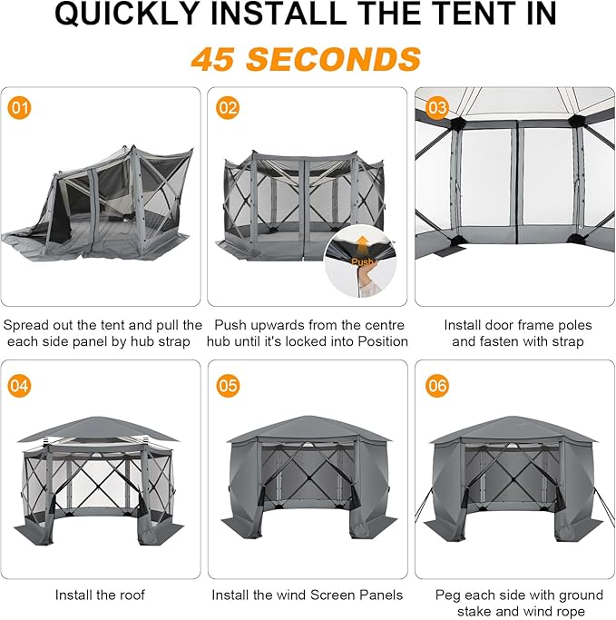 COBlZl Pop Up Gazebo 12x12 Screen House Tent for Camping, Outdoor Instant Stargazing Gazebo Canopy with Awning 2.0, Portable Hub Tent with Mosquito Netting, Pavilion for Backyard,Gray