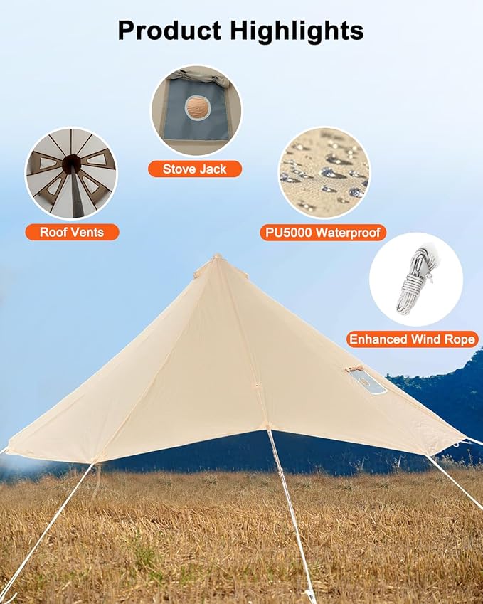 Bell Tent Rain Cover Protector with Stove Jack and Roof Vents for Camping,Waterproof,PU5000,Glamping Bell Tent Rain Fly with Stove Jack,4 Season,(Beige, for 16.5ft(5m) Size)