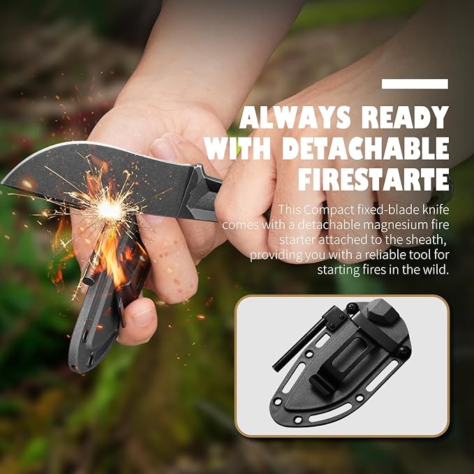 Survival Knife with Fire Starter L-Y, 7.68" Tactical Small Fixed Blade EDC Knife for Men, Full Tang, Stonewashed Black Blade & Black Handle