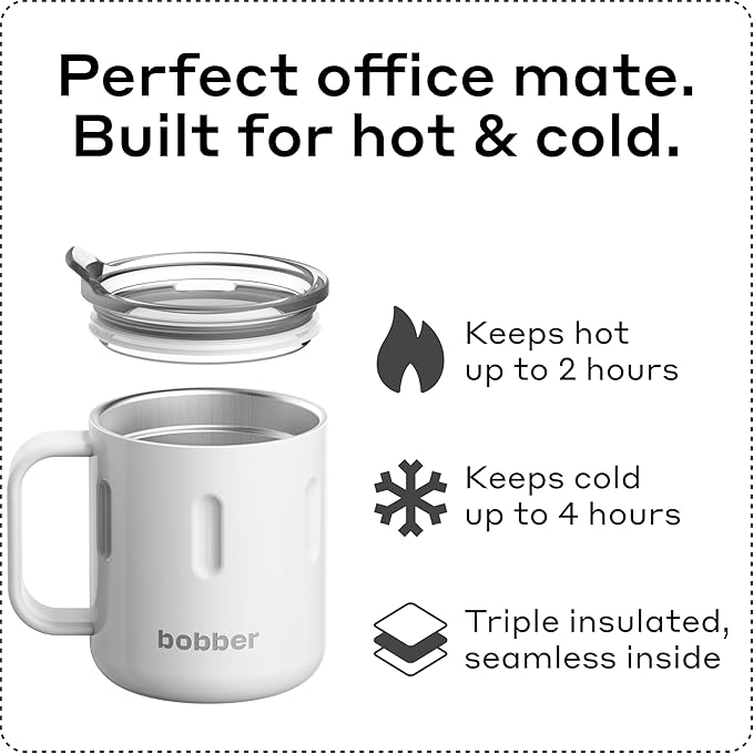 BOBBER 10 oz Insulated Tea Cup with Lid & Handle – Stainless Steel Tea Thermos Cup for Hot and Cold Drinks – Double Walled, & Reusable Travel Mug for Office (White)