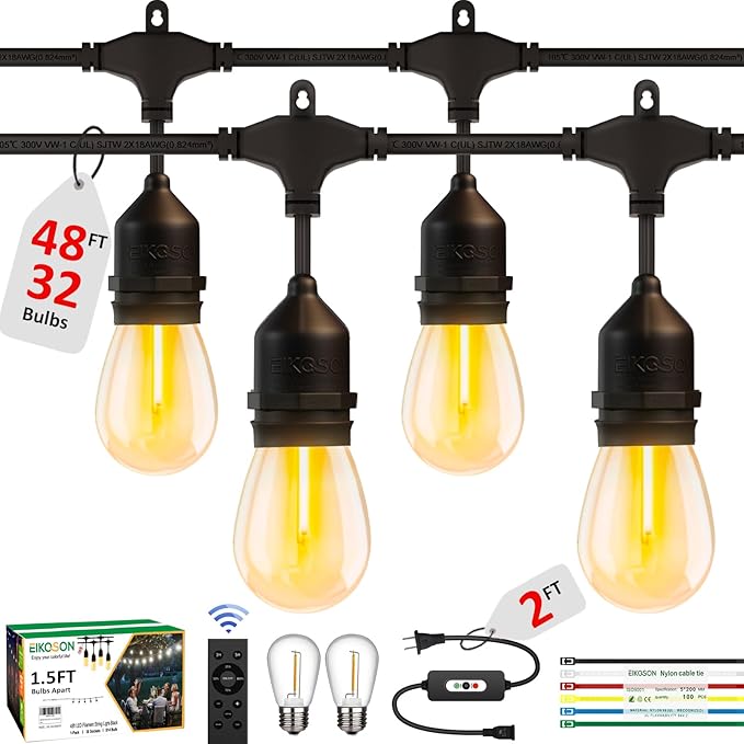 50FT Outdoor String Lights Waterproof with 30+2 Bulbs(๐.๐๐
๐ ๐๐ฎ๐ฅ๐๐ฅ๐ฌ ๐๐ฉ๐๐๐ข๐ง๐ ), Remote & Dimmer, Commercial Grade Patio Lights with 3 Mode Light & Timing,100PC Ties for Outside