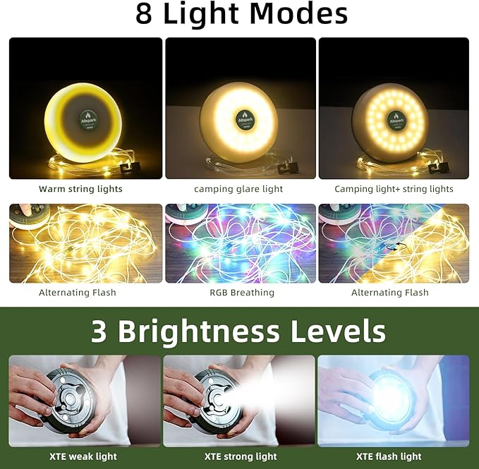 Allspark Camping String Lights, 4 in 1 Quick Storage 32.8FT Rechargeable Waterproof LED Tent Lights with 8 Lighting Modes,Magnetic Hanging Lamp for Hiking Patio Awning Garden Halloween Xmas Festival