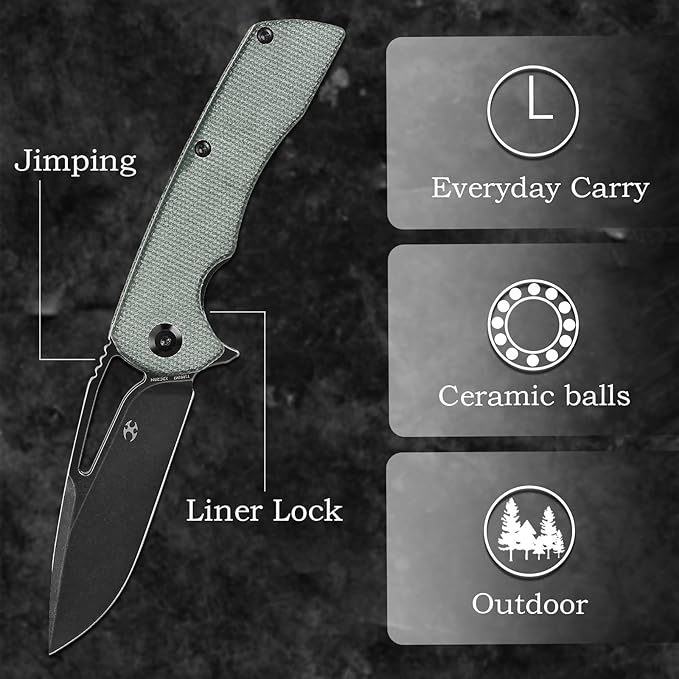KANSEPT Kryo Pocket Knife 8.08in Folding Knives with 3.58in12C28N Steel Drop Point Blade and Green Micarta Handle for Outdoor, Tactical, Survival and EDC T1001M2