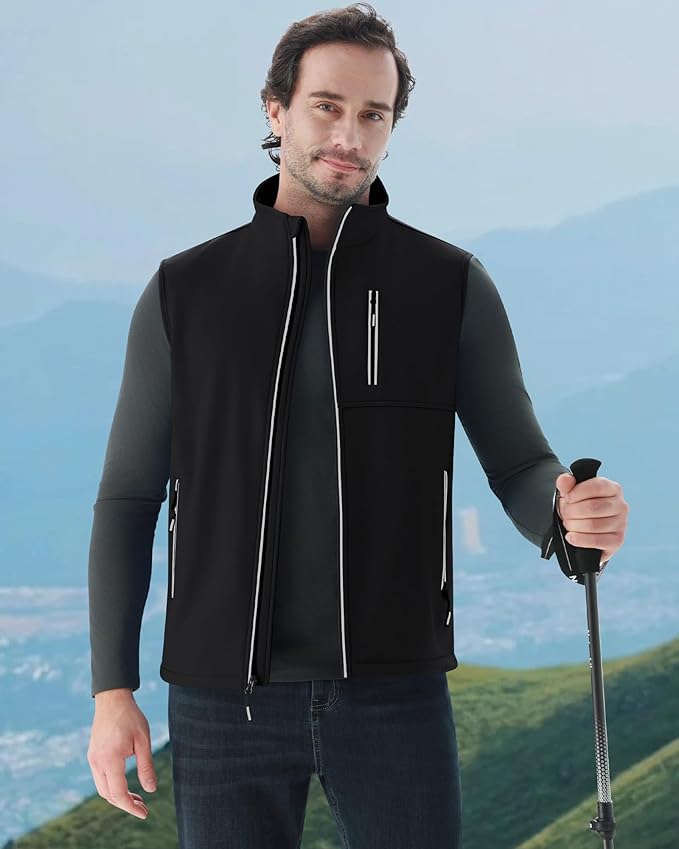 WULFUL Men's Windproof Lightweight Golf Vest Outerwear with Pockets, Softshell Sleeveless Jacket for Travel Hiking Running