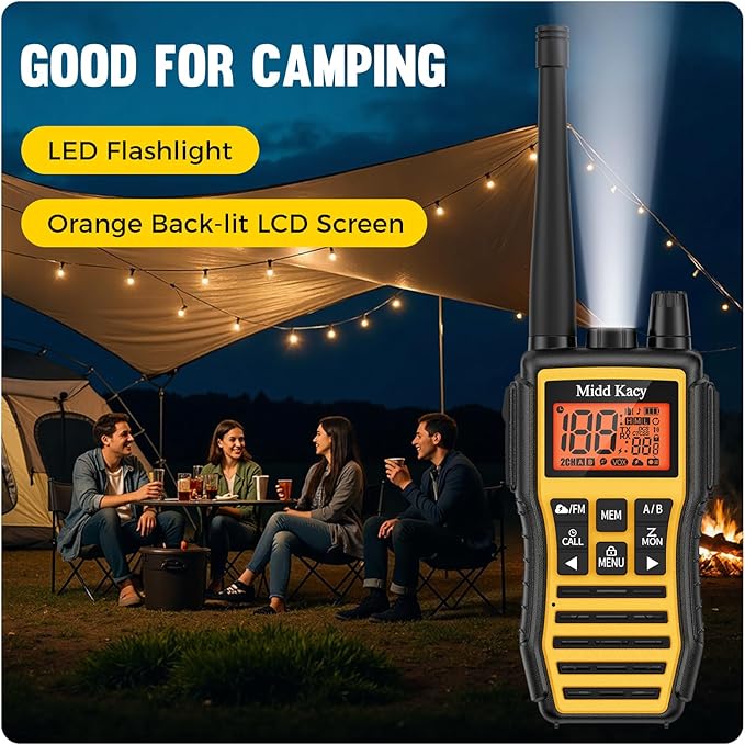Midd Kacy MK208 Walkie Talkies-Two Way Radio-Rechargeable,61 Channels,121 Privacy Codes,New Flashlight,MEM,IP55 Waterproof,SOS,NOAA Weather Alerts,VOX,Dual Watch-Black/Yellow,2 Pack