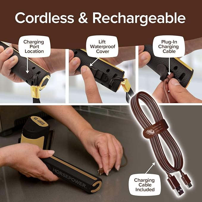 Horsepower Giddy Up GOLD Free Spinning Grill Brush w/LED, AS-SEEN-ON-TV, Cordless & Rechargeable, 304 Stainless Steel Power Roller Blasts Away Burnt-On Food, No Bristles, No Preheating