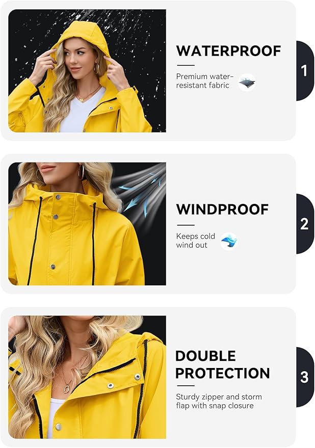 Zando Long Packable Rain Jacket Women Waterproof - Raincoat for Women Rain Coat with Hood Lightweight Outdoor Windbreaker