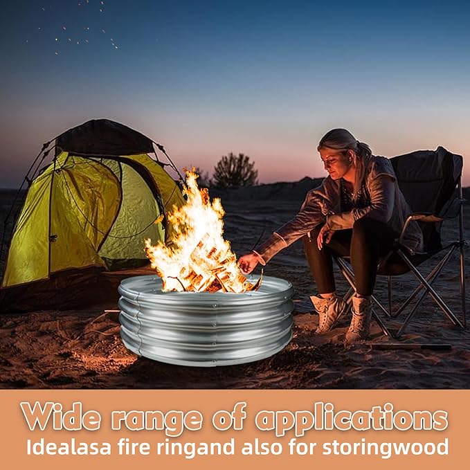 32 Inches Diameter Camp Fire Ring Pit, Large Round Galvanized Steel Fire Pit, Heavy Duty Steel Fire Pit Silver for Backyard, Camping, Bonfire (2.67x2.67x1FT)