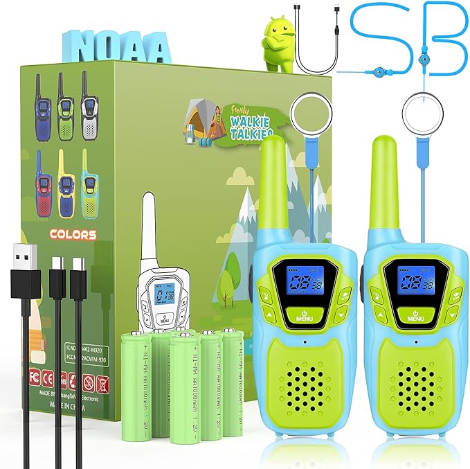 Walkie Talkies for Kids Adults Long Range Rechargeable 2 Pack, USB FRS 2 Way Radio Toys for 3-12+ Year Old Boy Girl Toddler, NOAA Walkie-Talkies 4 Miles for Family Camping Hiking Skiing Cruise