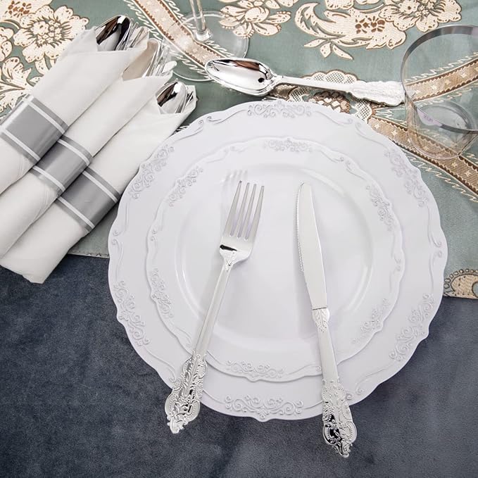 U-QE 175PCS Silver Plastic Plates & Pre Rolled Napkins with Silver Plastic Cutlery for 25 Guests, Great for Party & Wedding