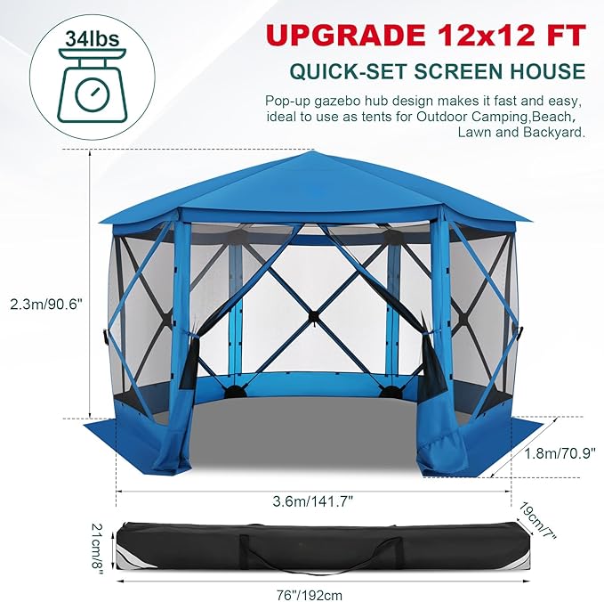 COBlZl Pop Up Gazebo 12x12 Screen House Tent for Camping, Outdoor Instant Stargazing Gazebo Canopy with Awning 2.0, Portable Hub Tent with Mosquito Netting, Pavilion for Backyard,Blue