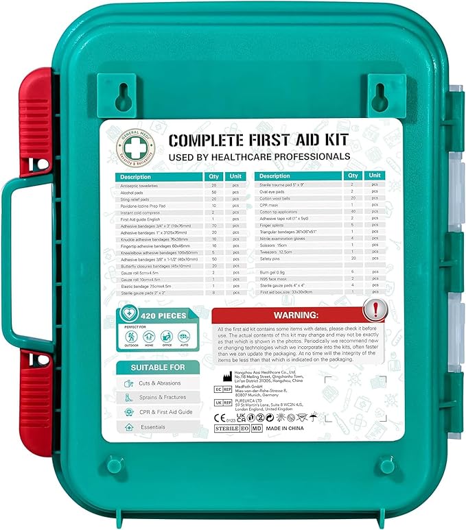 General Medi 420 Pieces Professional First Aid Kit - HardCase First Aid Box - Contains Premium Medical Supplies for Travel, Home, Office, Vehicle, Camping, Workplace & Outdoor