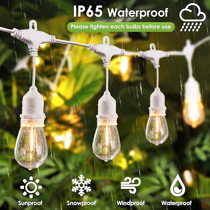 96FT(2 * 48FT) Outdoor String Lights with Remote, Dimmable Patio Lights with 30+4 3 Modes 4 Timers LED Bulbs for Deck Gazebo, White 2 Pack