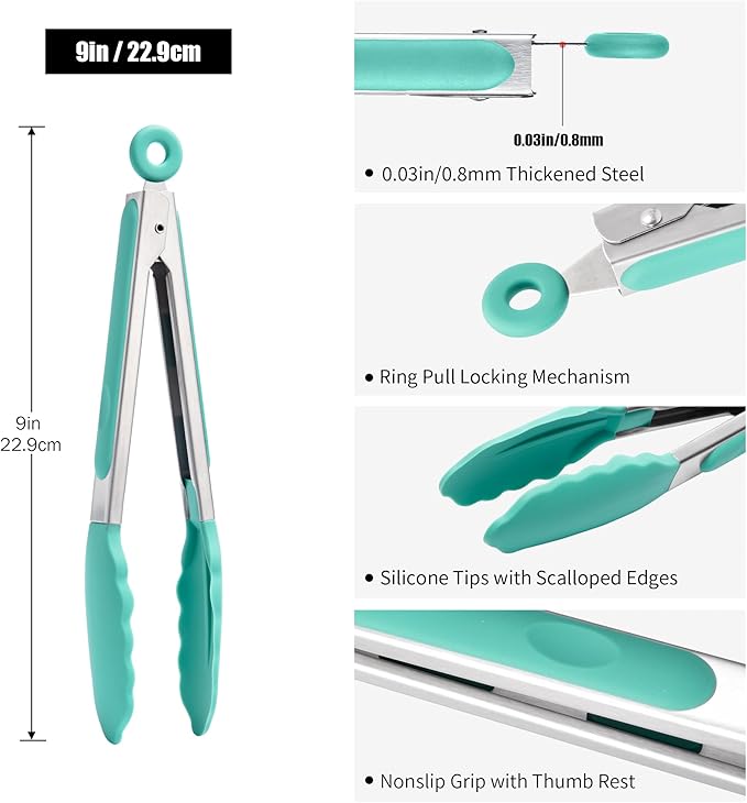 Doosu Kitchen Tongs for Cooking - 600°F Heat Resistant Food Tong with Non-Scratch Silicone Tips, Heavy Duty Stainless Steel Locking Tong for BBQ, Grilling Steak, Serving Salad, Pasta (9in, Aqua Sky)