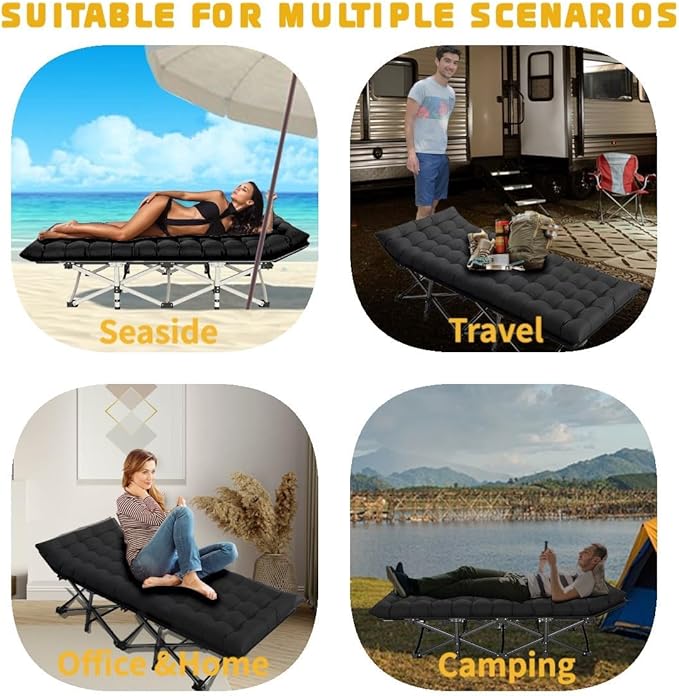 Oversized XXL Folding Camping Cot W/Mat for Adults, Heavy Duty Outdoor Bed with Carry Bag,1200 D Layer Oxford Portable Travel Camp Cots 32" Extra Wide Sleeping Cots Holds Up to 900LB (Black)