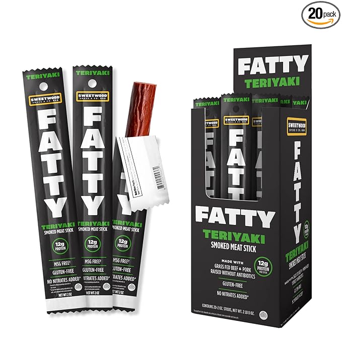 FATTY Meat Sticks, Made with Grass Fed Beef, Pork Raised Without Antibiotics, 12g Protein Per Stick, Teriyaki, 2 oz. (Pack of 20)