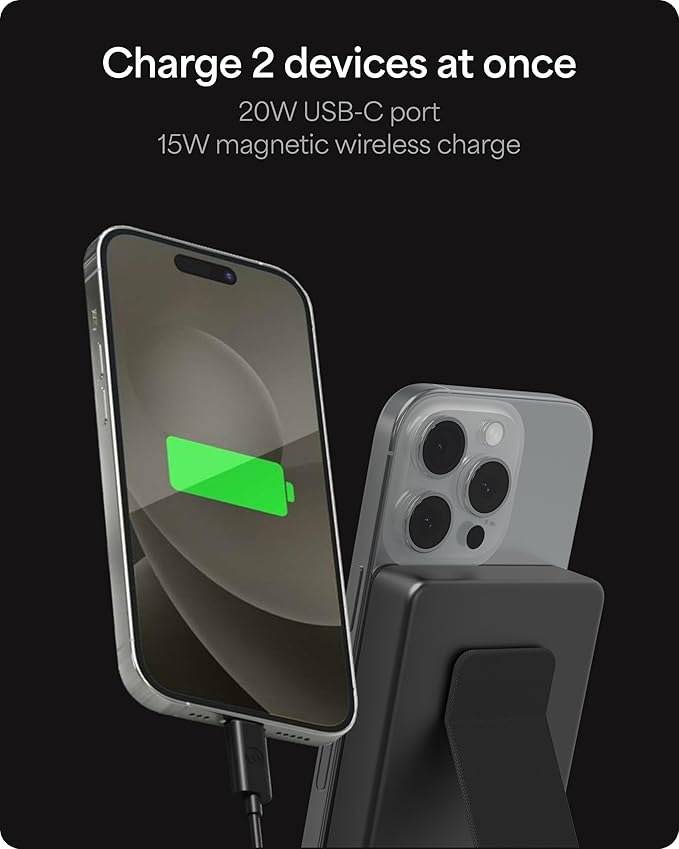 Mophie Powerstation Wireless with Stand 10,000mAh Power Bank – MagSafe Compatible, 15W Qi2-Certified, 30W USB-C PD Fast Charging, Slim Battery Pack for iPhone, Android, Travel & Airplane Use