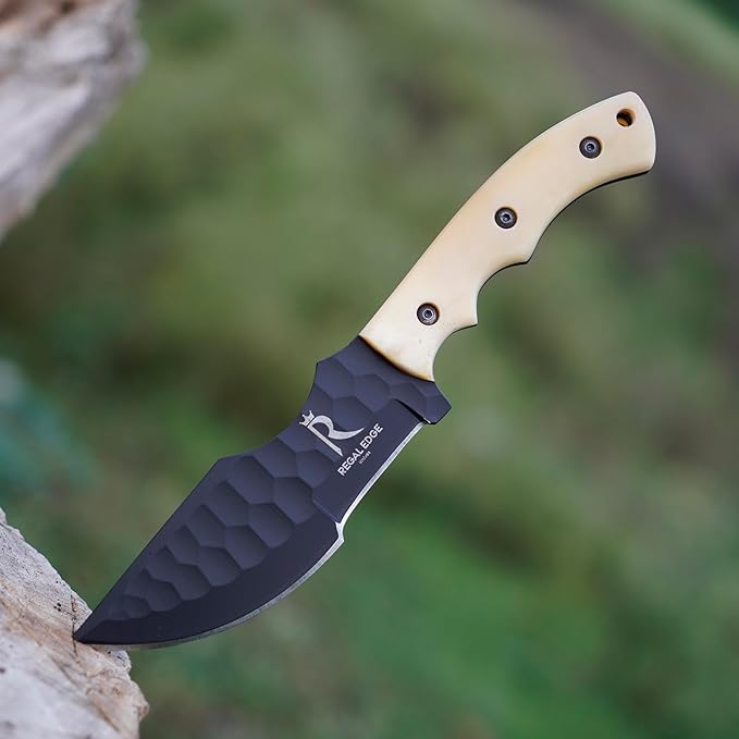 Fixed Blade Knife – 10” Handmade Tracker Hunting Blade with Camel Bone Handle & Leather Sheath, Full Tang 1095C High Carbon Steel Survival Knife for Camping, Hunting & Outdoor Use