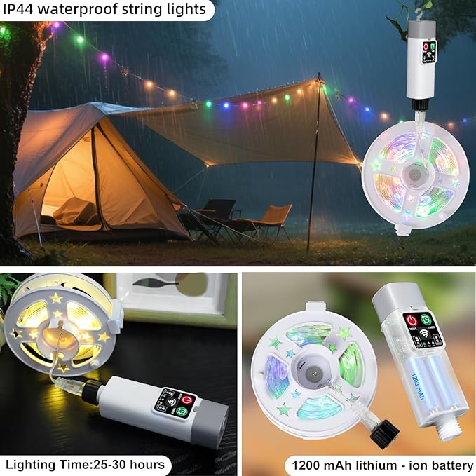 Moobibear Camping String Lights, Quick Storage 33FT/100LED RGB Rugby Rechargeable Tent Lights String with USB 8 Lighting Modes, Waterproof Portable LED Lamp for Camping Essentials, Yard, Party
