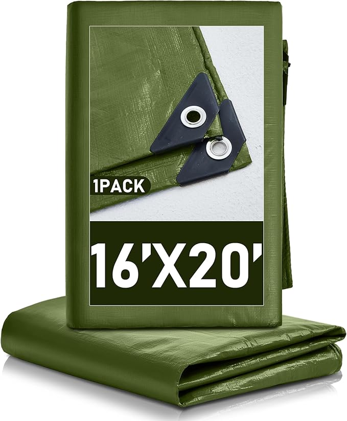 1 Pcs Large Waterproof Tarp 16 x 20 ft Heavy Duty 5.5 Mil Thick Poly Tarpaulin with Grommets Multipurpose Protective Cover for Summer Home Boats Cars Camping RV Pool Tent