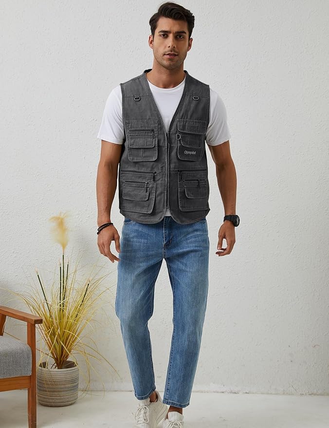 Gihuo Men's Fishing Vest Casual Utility Travel Safari Cargo Outdoor Work Photo Fly Vest Jacket with Multi Pockets