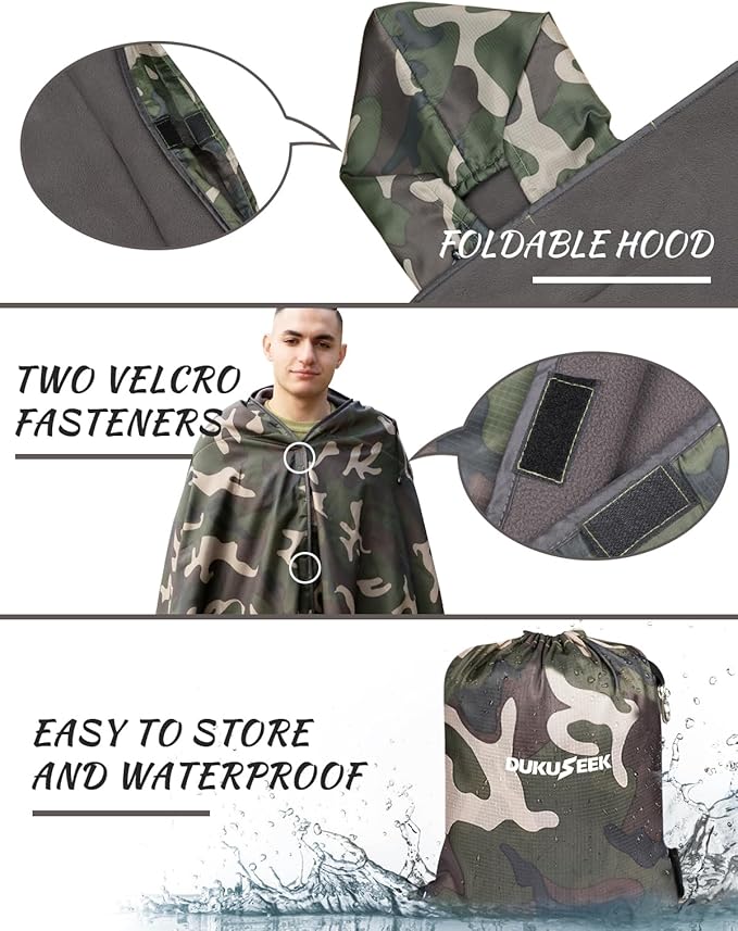 DUKUSEEK Hooded Stadium Blanket, Camouflage Waterproof Windproof Outdoor Fleece Blanket - Large (79x56), Portable, Wearable, Warm for Outdoor Hunting, Sporting Eventsβ¦