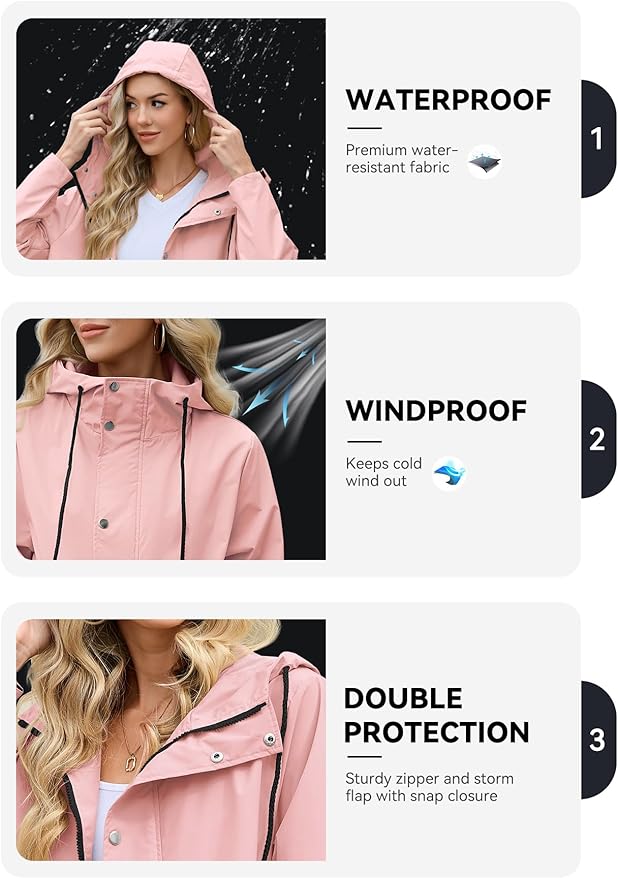 Zando Long Packable Rain Jacket Women Waterproof - Raincoat for Women Rain Coat with Hood Lightweight Outdoor Windbreaker