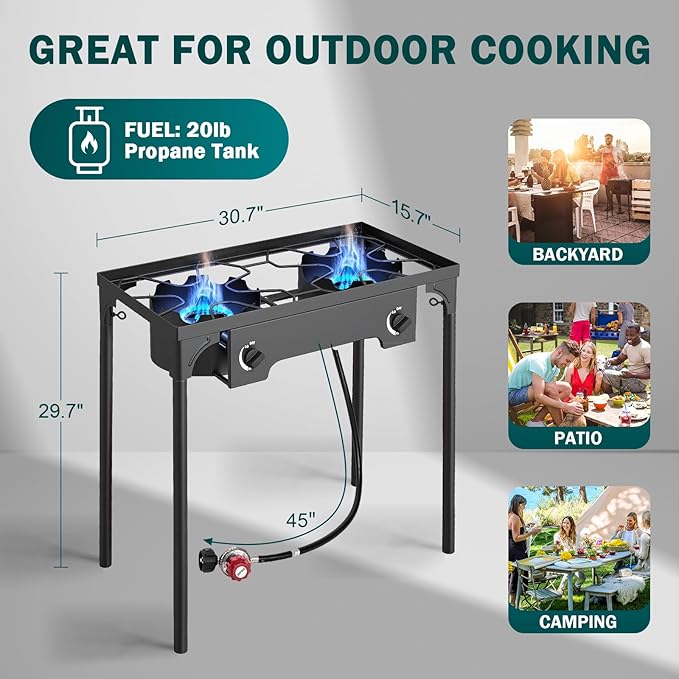 2 Burner Propane or LPG Gas Stove for Outdoor Cooking | 150,000 BTU High-Pressure Heavy-Duty Camping Stove with Regulator | Portable for Backyard, Patio BBQ, Baking, Frying