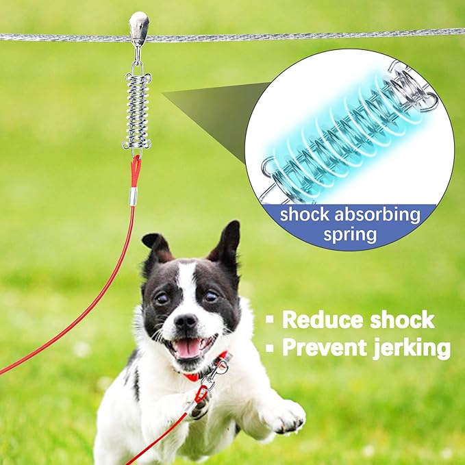 Dog Tie Out Runner for Yard,Trolley System for Large Dogs,Heavy Duty Dog Run Cable Lead 150ft with 10ft Pulley Runner Line for Small Medium and Large Dogs Up to 125lbs Running Outside Yard or Camping